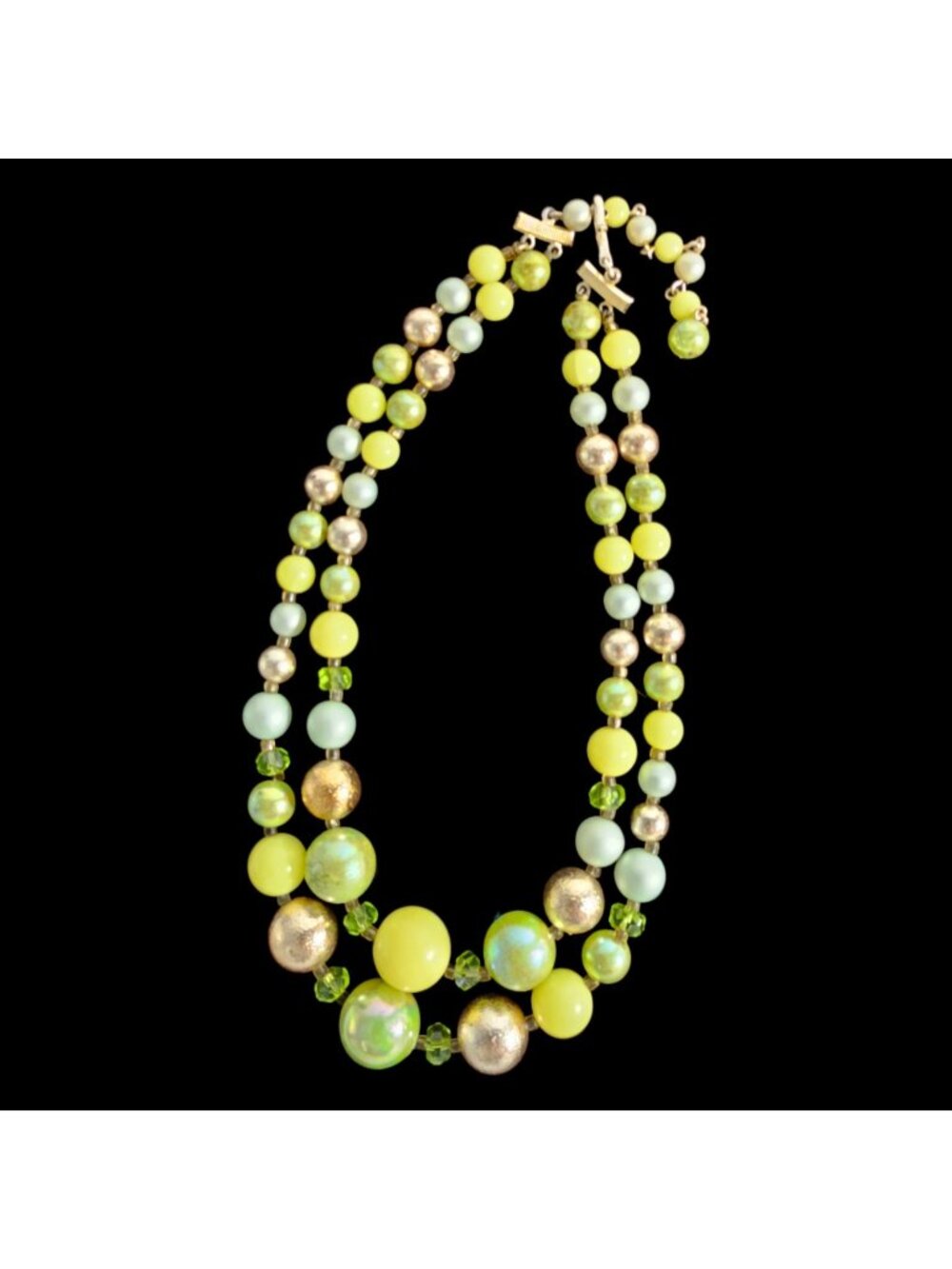 Vintage Japan Double Strand Green Yellow Gold Bead Necklace 1950s 60s